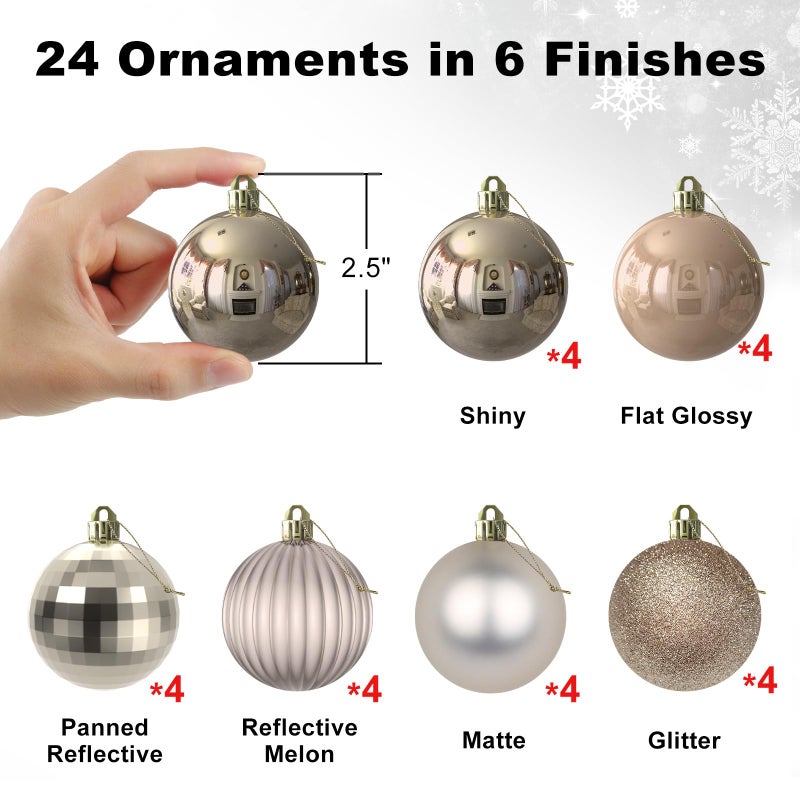 GameXcel Champagne Gold 2.5" Christmas Balls Christmas Tree Decoration Ornaments Shatterproof Hanging Balls for Birthday Halloween Holiday Wedding Decorations Set of 24pcs - Image 2